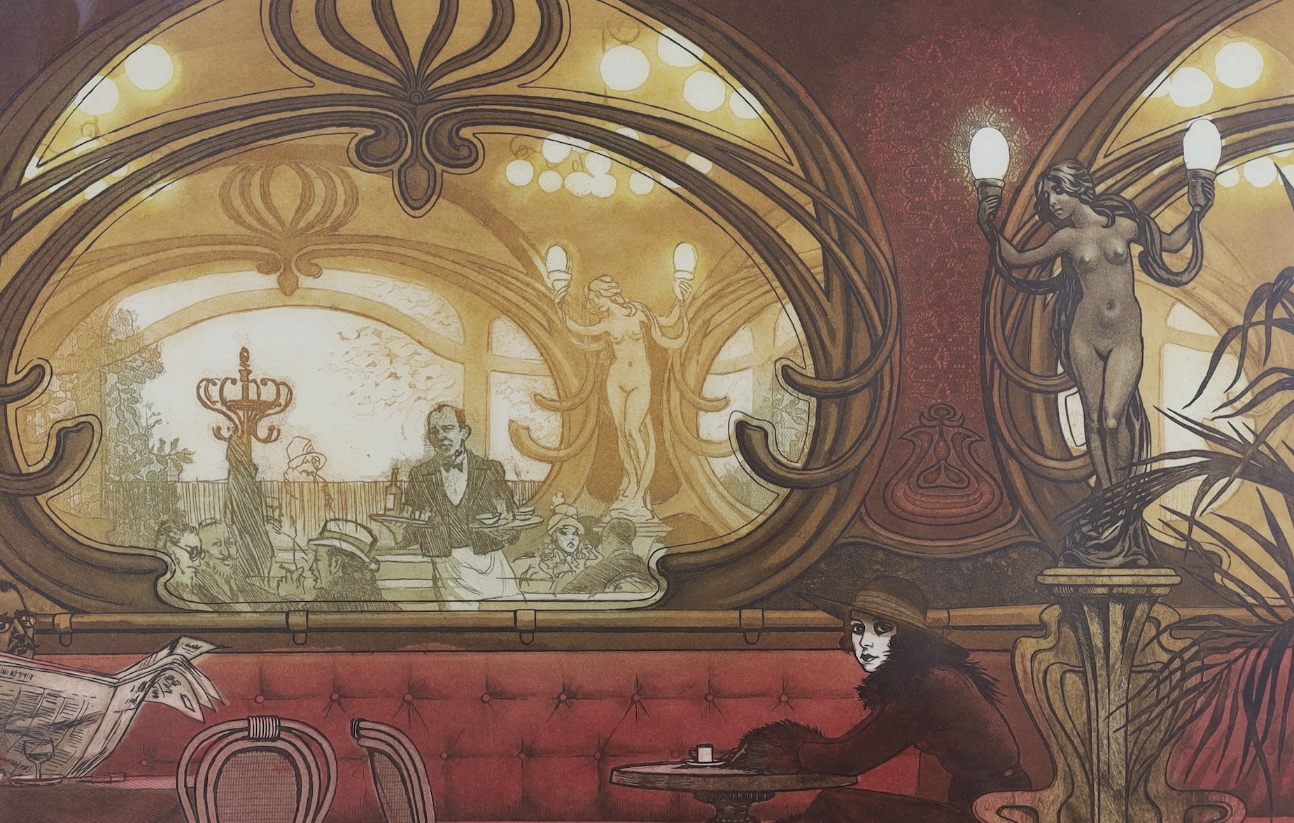 Frank Martin (1921-2005), five limited edition etchings with aquatint, 'All Talking All Singing', 'The Enchanted Lake', 'Barcaville', 'Polanegri' and 'The Brasserie Hoffmann', all signed in pencil and inscribed, largest